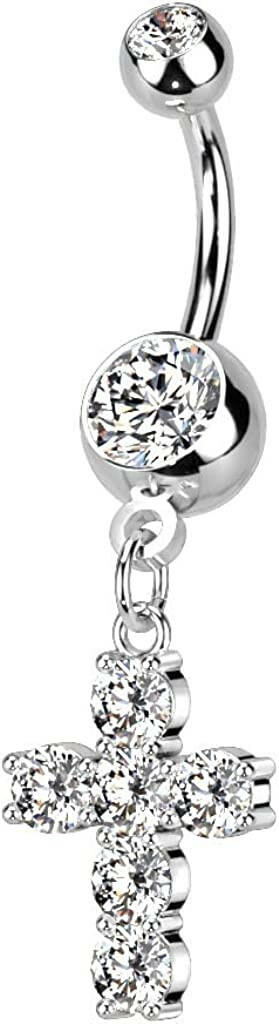 Surgical Steel Large Multi CZ Cross Dangle With Double Jeweled Belly Navel Ring Navel Ring Impulse Piercings Clear