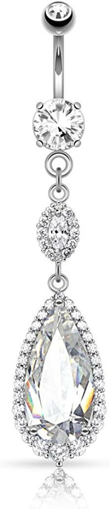 Surgical Steel Large Teardrop CZ with Paved Trim Chandelier Dangle Belly Navel Ring Navel Ring Impulse Piercings Clear