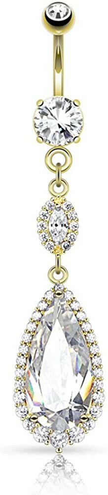 Surgical Steel Large Teardrop CZ with Paved Trim Chandelier Dangle Belly Navel Ring Navel Ring Impulse Piercings Gold