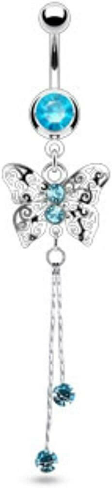 Surgical Steel Laser Cut Royal Butterfly with CZ Dangle Belly Navel Ring Navel Ring Impulse Piercings Aqua