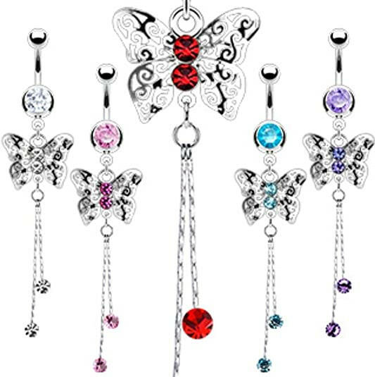 Surgical Steel Laser Cut Royal Butterfly with CZ Dangle Belly Navel Ring Navel Ring Impulse Piercings