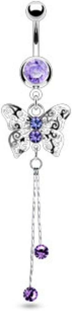 Surgical Steel Laser Cut Royal Butterfly with CZ Dangle Belly Navel Ring Navel Ring Impulse Piercings Tanzanite