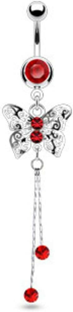 Surgical Steel Laser Cut Royal Butterfly with CZ Dangle Belly Navel Ring Navel Ring Impulse Piercings Red