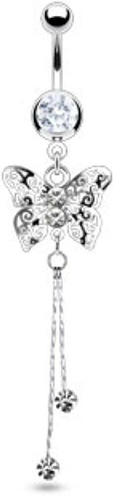 Surgical Steel Laser Cut Royal Butterfly with CZ Dangle Belly Navel Ring Navel Ring Impulse Piercings Clear