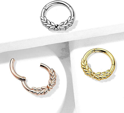 Surgical Steel Laurel Leaves Front Hinged Segment Hoop Ring Nose Ring Impulse Piercings