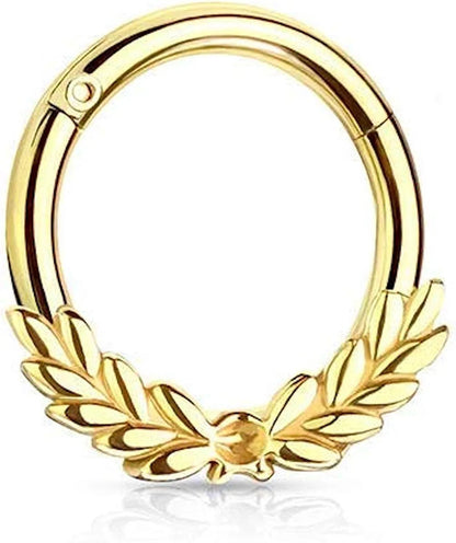 Surgical Steel Laurel Leaves Front Hinged Segment Hoop Ring Nose Ring Impulse Piercings Gold