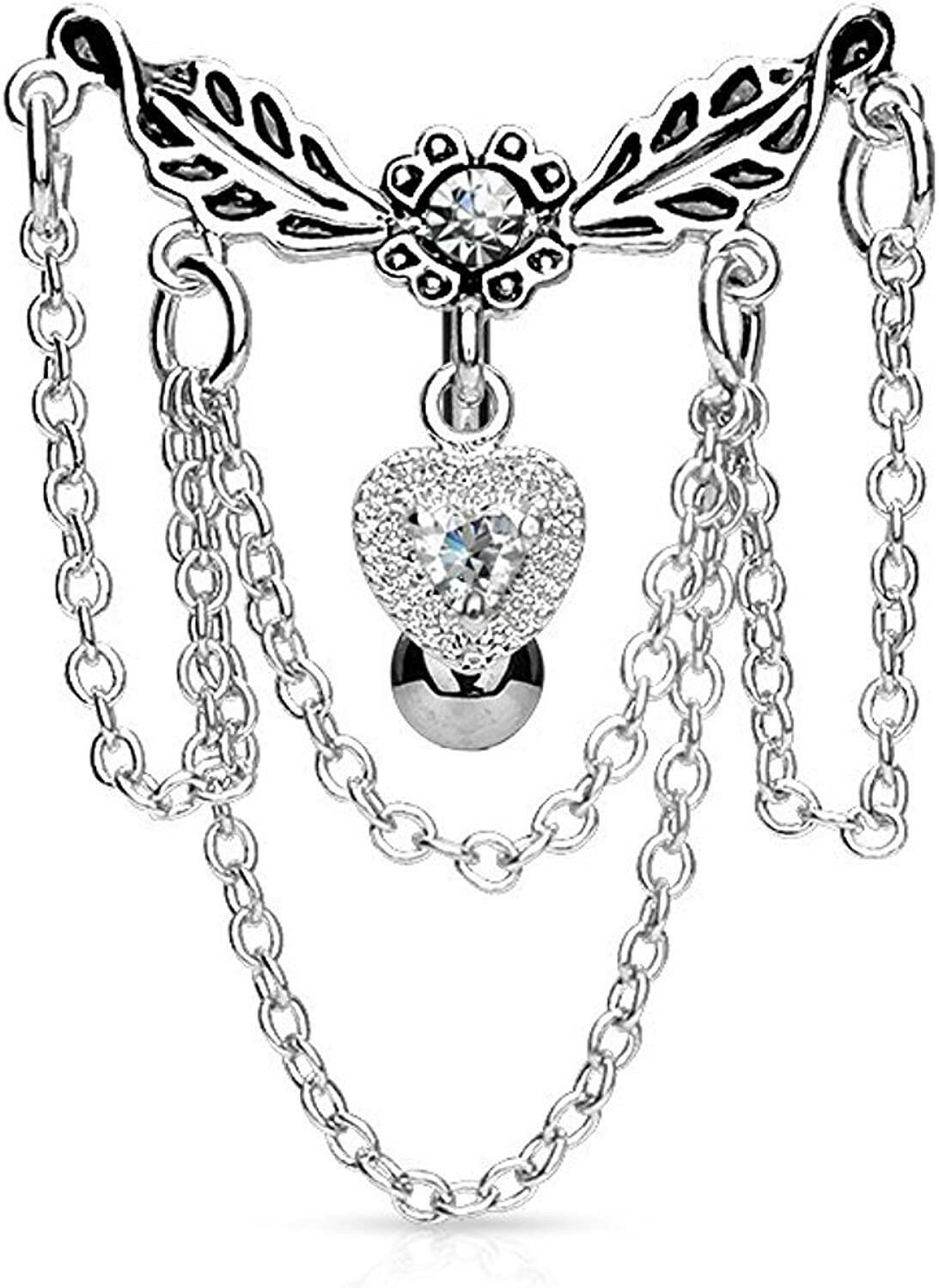 Surgical Steel Leaflet Chandelier Chained Heart Top Down Dangle Belly Navel Ring Navel Ring Impulse Piercings