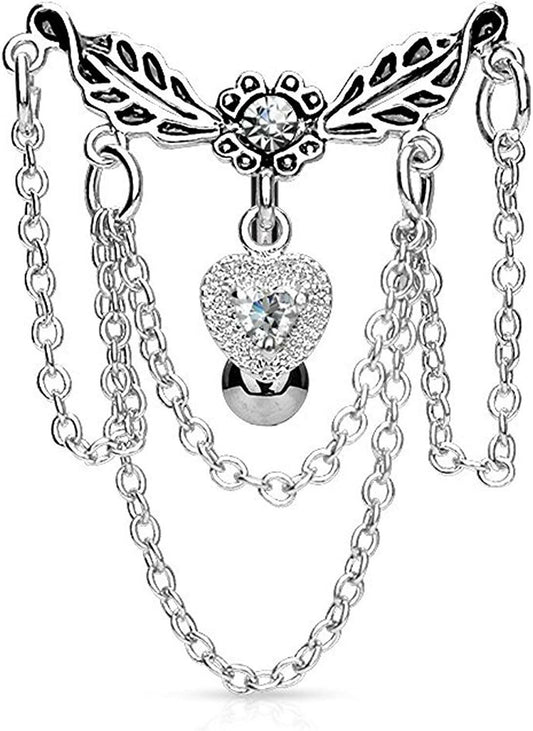 Surgical Steel Leaflet Chandelier Chained Heart Top Down Dangle Belly Navel Ring Navel Ring Impulse Piercings