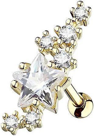 Surgical Steel Lined Cluster CZ Stars with Large Star Center Ear Cartilage Tragus Barbell Studs Cartilage Earring Impulse Piercings Gold