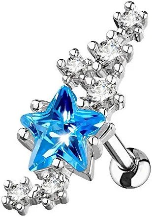 Surgical Steel Lined Cluster CZ Stars with Large Star Center Ear Cartilage Tragus Barbell Studs Cartilage Earring Impulse Piercings Aqua