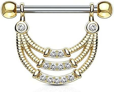 Surgical Steel Lined CZ Center Triple Lined Dangle Nipple Shield Rings Nipple Ring Impulse Piercings Gold