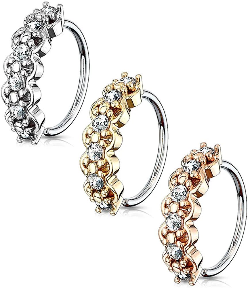 Surgical Steel Lined CZ Center with Filigree Edges Bendable Hoops for Nose Ear Cartilage Nose Ring Impulse Piercings