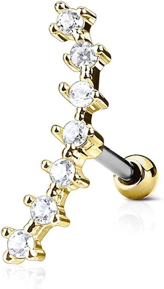 Surgical Steel Lined CZ Curve Top Ear Cartilage Tragus Barbell Studs Cartilage Earring Impulse Piercings Gold