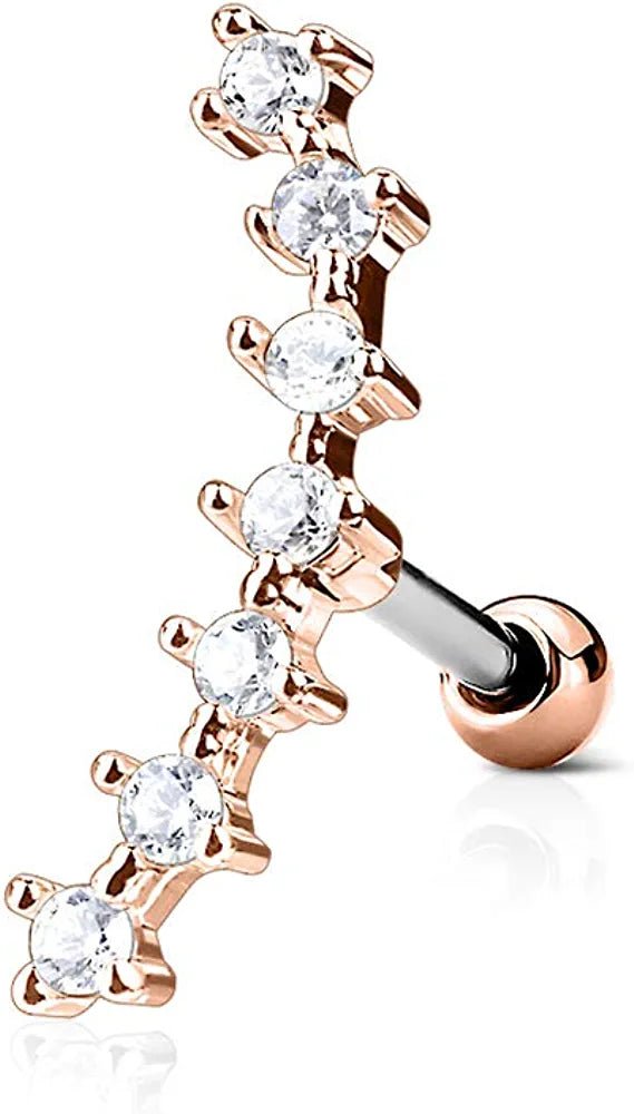 Surgical Steel Lined CZ Curve Top Ear Cartilage Tragus Barbell Studs Cartilage Earring Impulse Piercings Rose Gold