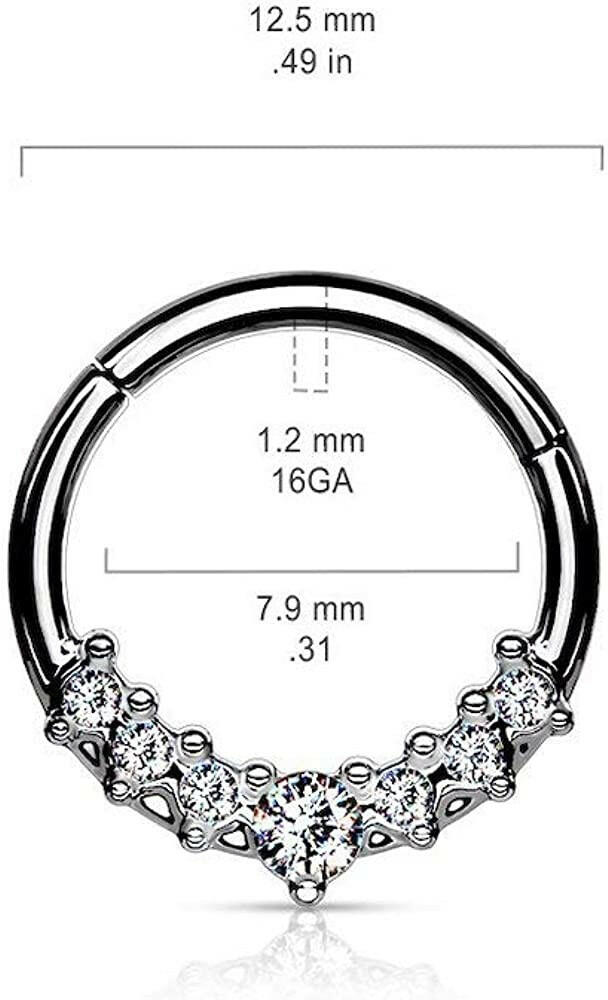 Surgical Steel Lined CZ Fan Hinged Segment Hoop Ring Nose Ring, cartilage ring Impulse Piercings