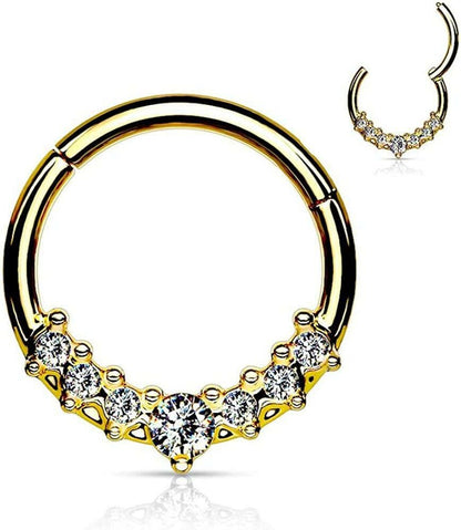 Surgical Steel Lined CZ Fan Hinged Segment Hoop Ring Nose Ring, cartilage ring Impulse Piercings 16GA Length: 8mm Gold