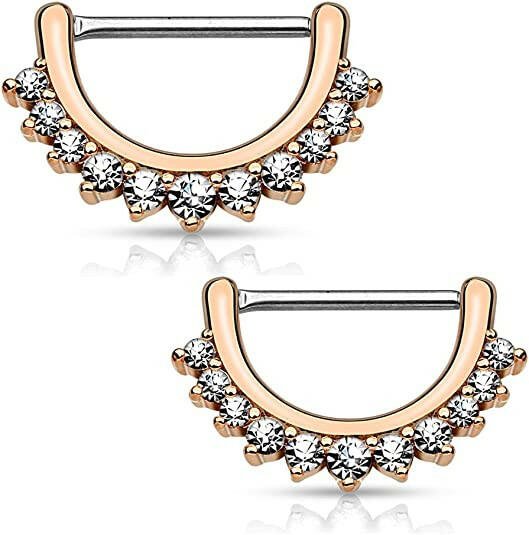 Surgical Steel Lined CZ Nipple Clickers Nipple Ring Impulse Piercings 16GA Length: 12mm Rose Gold