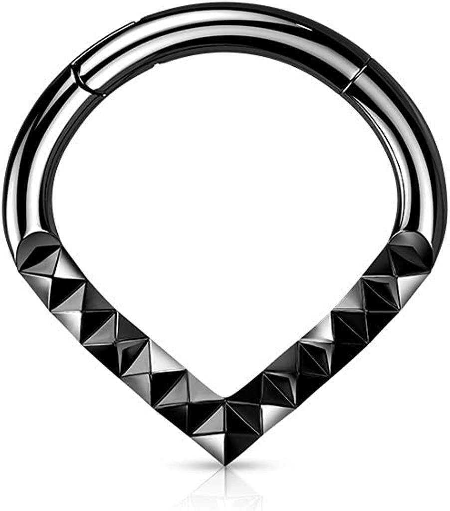 Surgical Steel Lined Pyramid Cuts Chevron Hinged Segment Hoop Ring Nose Ring, cartilage ring Impulse Piercings Black