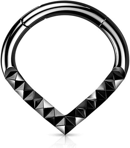 Surgical Steel Lined Pyramid Cuts Chevron Hinged Segment Hoop Ring Nose Ring, cartilage ring Impulse Piercings Black