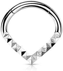 Surgical Steel Lined Pyramid Cuts Chevron Hinged Segment Hoop Ring Nose Ring, cartilage ring Impulse Piercings Steel