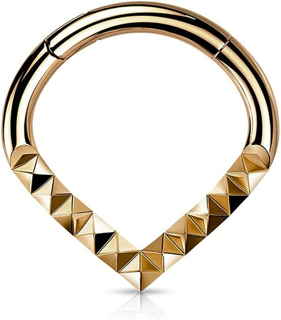 Surgical Steel Lined Pyramid Cuts Chevron Hinged Segment Hoop Ring Nose Ring, cartilage ring Impulse Piercings Rose Gold