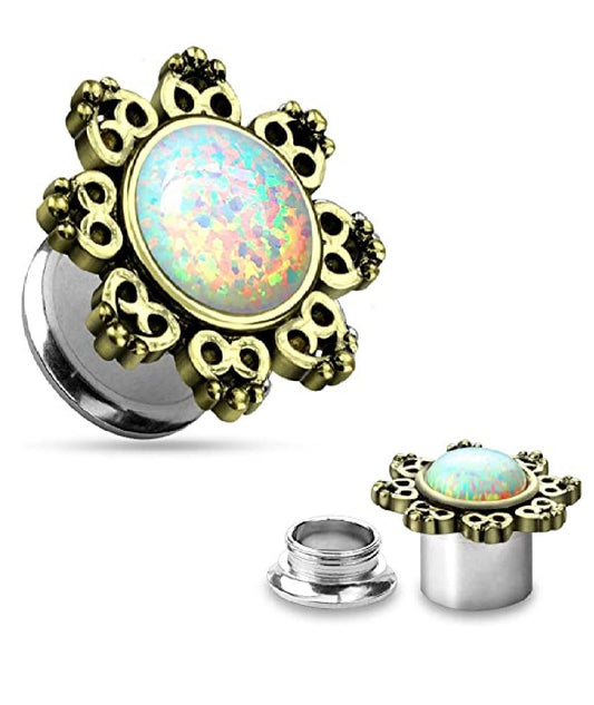 Surgical Steel Lotus Flower with Opal Center Screw Fit Tunnels Plugs Impulse Piercings 8GA (3mm)