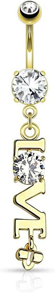 Surgical Steel LOVE Word with Clear CZ Dangle Belly Navel Ring Navel Ring Impulse Piercings Gold