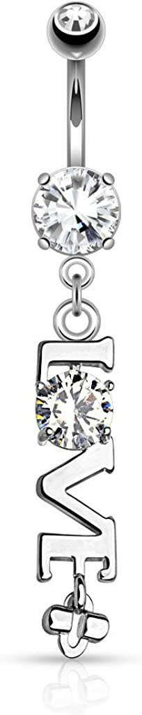 Surgical Steel LOVE Word with Clear CZ Dangle Belly Navel Ring Navel Ring Impulse Piercings Clear