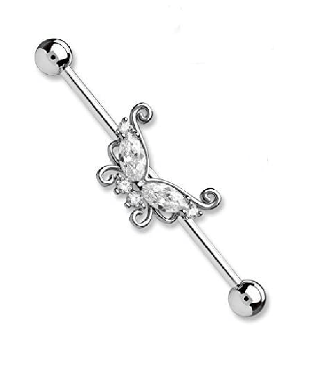 Surgical Steel Marquise and Round CZ Butterfly Industrial Barbell Industrial Barbell Impulse Piercings Clear