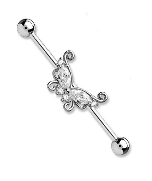 Surgical Steel Marquise and Round CZ Butterfly Industrial Barbell Industrial Barbell Impulse Piercings Clear