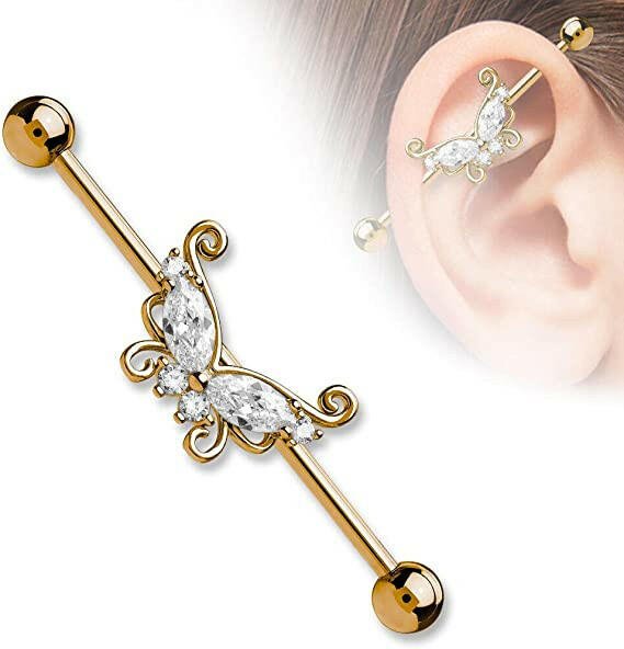 Surgical Steel Marquise and Round CZ Butterfly Industrial Barbell Industrial Barbell Impulse Piercings Rose Gold