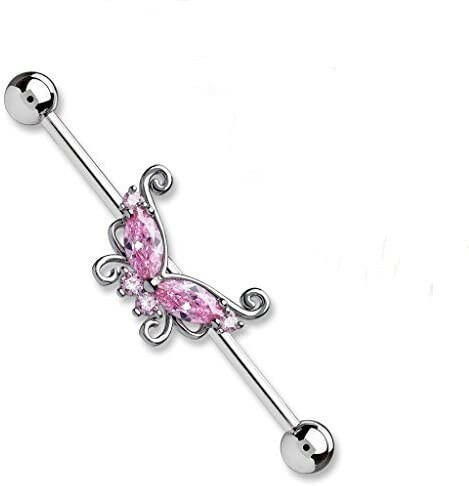 Surgical Steel Marquise and Round CZ Butterfly Industrial Barbell Industrial Barbell Impulse Piercings Pink