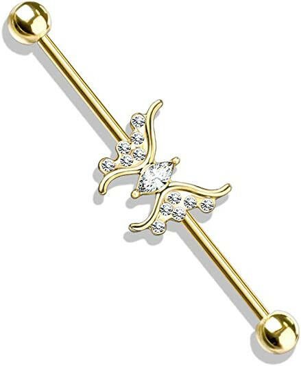 Surgical Steel Marquise Crystal Center Crystal Paved Butterfly Industrial Barbell Industrial Barbell Impulse Piercings Gold