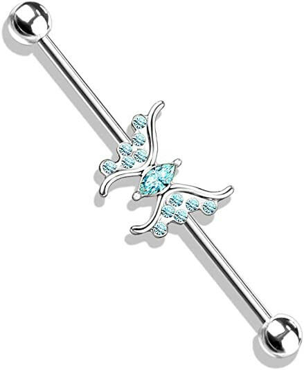 Surgical Steel Marquise Crystal Center Crystal Paved Butterfly Industrial Barbell Industrial Barbell Impulse Piercings Aqua