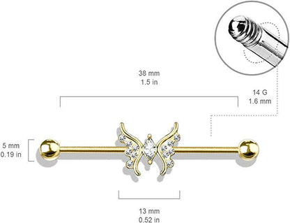 Surgical Steel Marquise Crystal Center Crystal Paved Butterfly Industrial Barbell Industrial Barbell Impulse Piercings