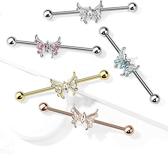 Surgical Steel Marquise Crystal Center Crystal Paved Butterfly Industrial Barbell Industrial Barbell Impulse Piercings