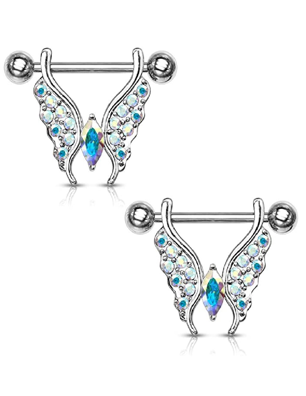 Surgical Steel Marquise Crystal Center Crystal Paved Butterfly Nipple Barbell Rings Nipple Ring Impulse Piercings Aurora Borealis