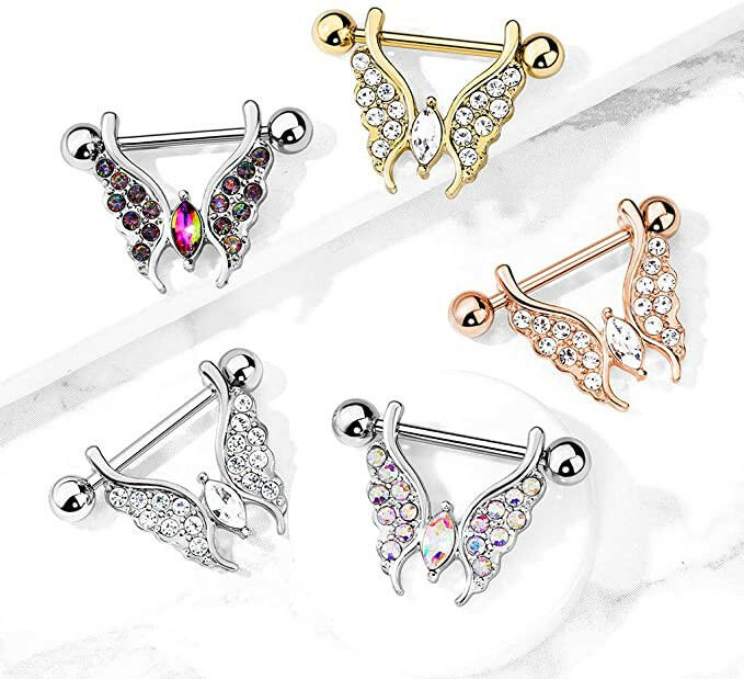 Surgical Steel Marquise Crystal Center Crystal Paved Butterfly Nipple Barbell Rings Nipple Ring Impulse Piercings