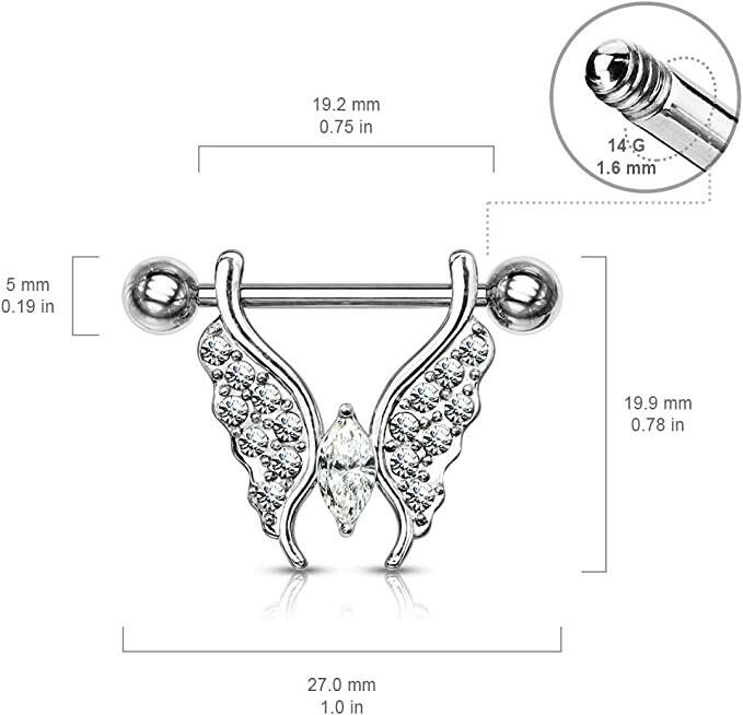 Surgical Steel Marquise Crystal Center Crystal Paved Butterfly Nipple Barbell Rings Nipple Ring Impulse Piercings