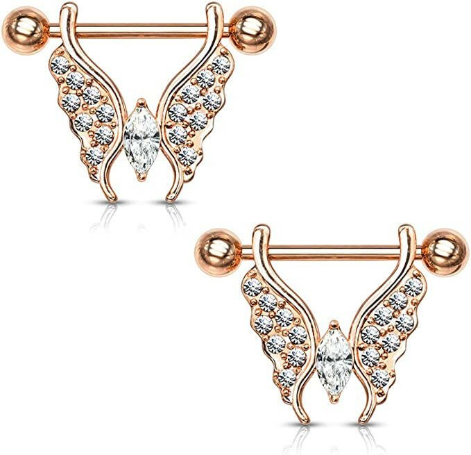 Surgical Steel Marquise Crystal Center Crystal Paved Butterfly Nipple Barbell Rings Nipple Ring Impulse Piercings Rose Gold