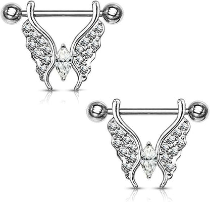 Surgical Steel Marquise Crystal Center Crystal Paved Butterfly Nipple Barbell Rings Nipple Ring Impulse Piercings Clear