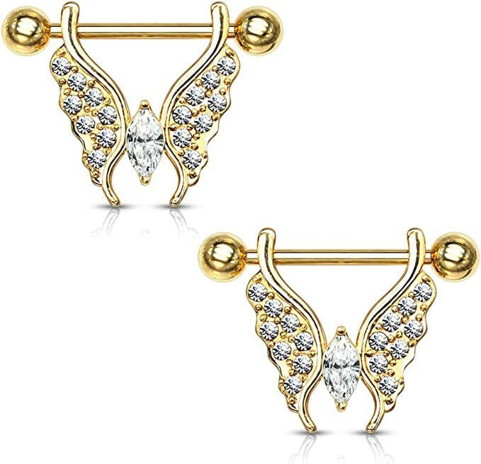 Surgical Steel Marquise Crystal Center Crystal Paved Butterfly Nipple Barbell Rings Nipple Ring Impulse Piercings Gold