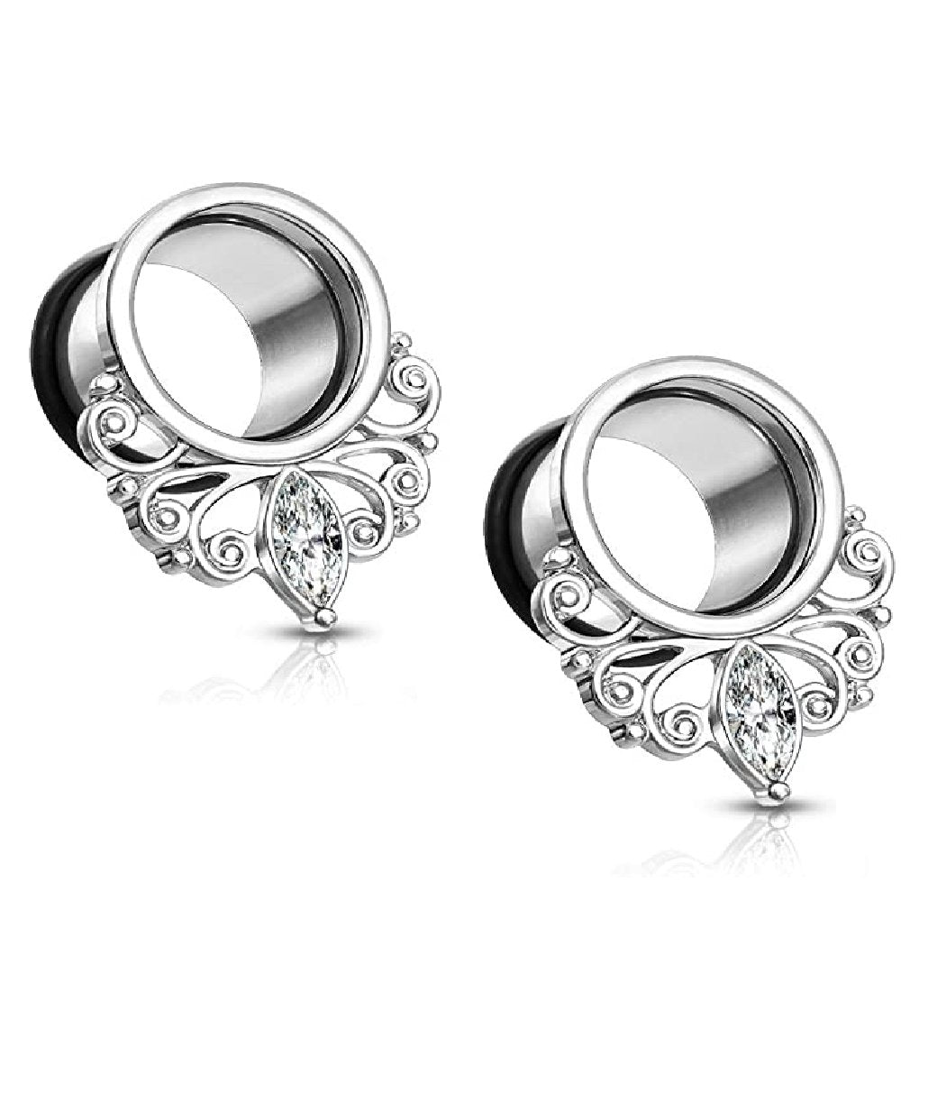 Surgical Steel Marquise Crystal Vintage Filigree Drop with O-Ring Single Flared Tunnel Plugs Impulse Piercings 4GA (5mm)