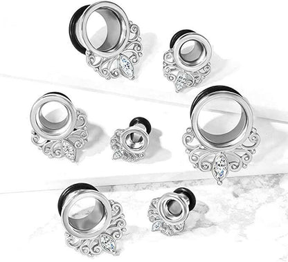 Surgical Steel Marquise Crystal Vintage Filigree Drop with O-Ring Single Flared Tunnel Plugs Impulse Piercings