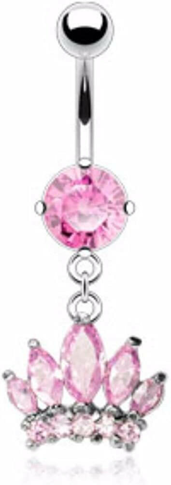 Surgical Steel Marquise Cut Gem Paved Crown Dangle with CZ Belly Navel Ring Navel Ring Impulse Piercings Pink