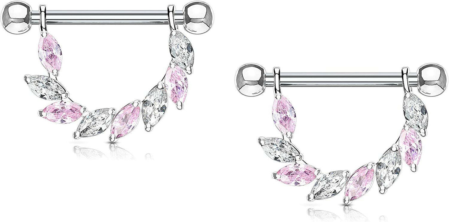 Surgical Steel Marquise CZ Bridge Dangle Nipple Shield Rings Nipple Ring Impulse Piercings Pink