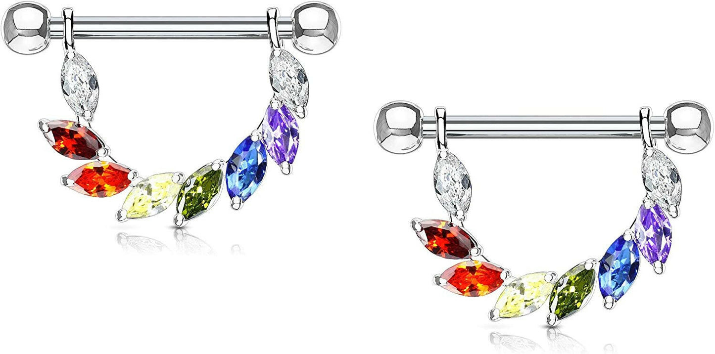 Surgical Steel Marquise CZ Bridge Dangle Nipple Shield Rings Nipple Ring Impulse Piercings Rainbow