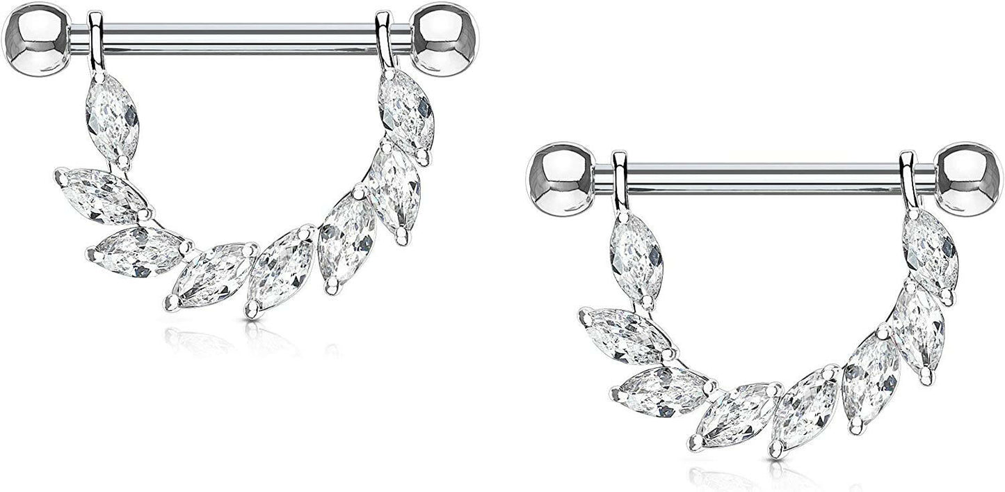 Surgical Steel Marquise CZ Bridge Dangle Nipple Shield Rings Nipple Ring Impulse Piercings Clear