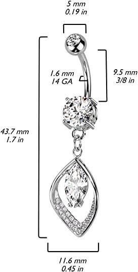 Surgical Steel Marquise CZ Center with Hollow CZ Pave Leaf Belly Navel Ring Navel Ring Impulse Piercings