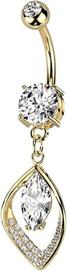 Surgical Steel Marquise CZ Center with Hollow CZ Pave Leaf Belly Navel Ring Navel Ring Impulse Piercings Gold